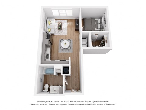 Floor plan for 1 bed, 1 bath, 647 sqft